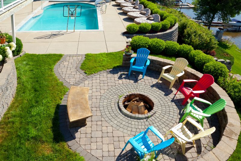 modern outdoor living space with paved patio and seating
